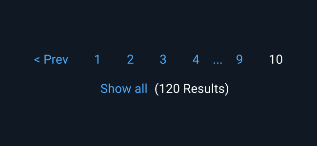 Optionally, links for “Show all” and “Number of results” may be displayed below page numbers. Links are centered below the Pagination on the same baseline.