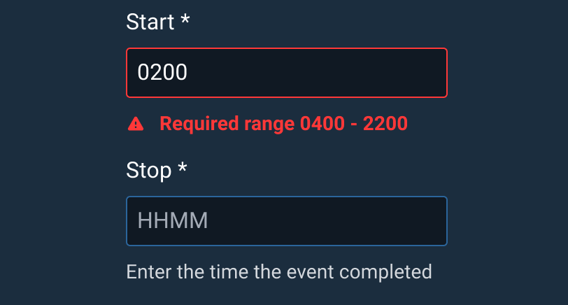 Time - Input must be a valid time. Text that cannot be recognized as a valid time is indicated with a warning icon and instructional text.